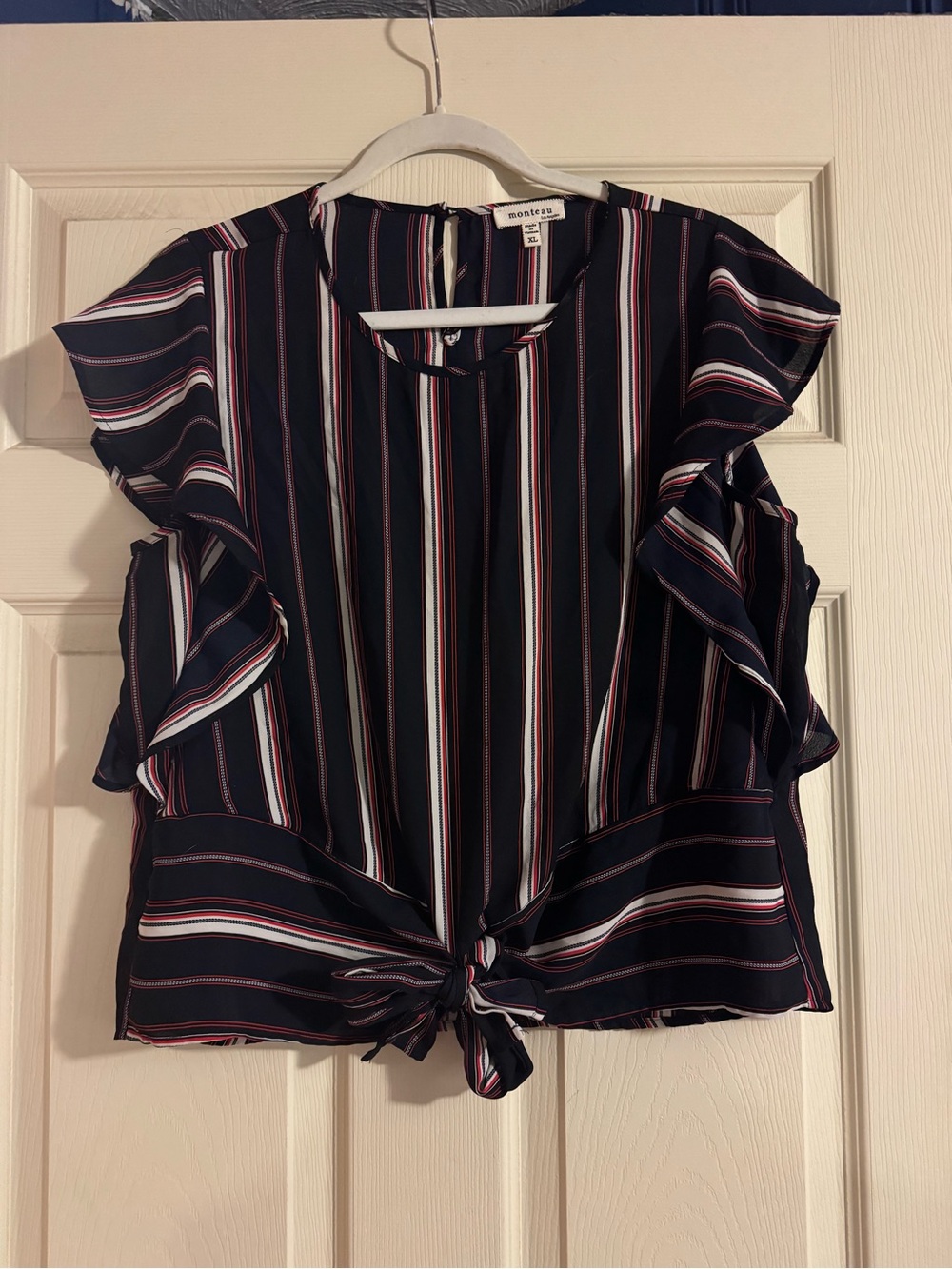 Monteau Navy  Striped Tie-Hem Ruffle Sleeve Blouse